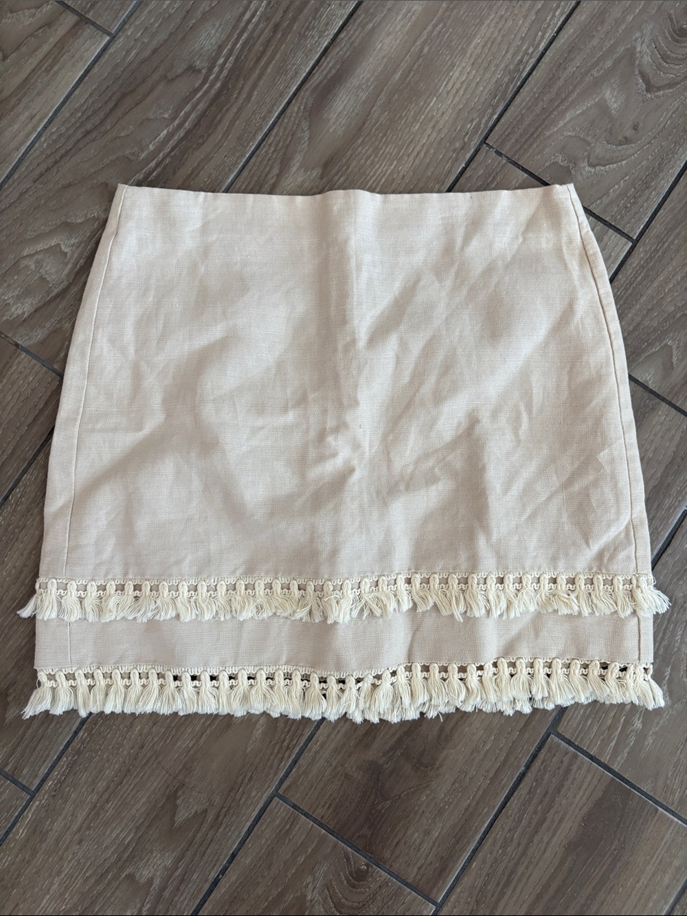 LOFT cotton Linen Cream Boho Chic Skirt Tassels Fringe Hem Women’s Size 12 NWOT